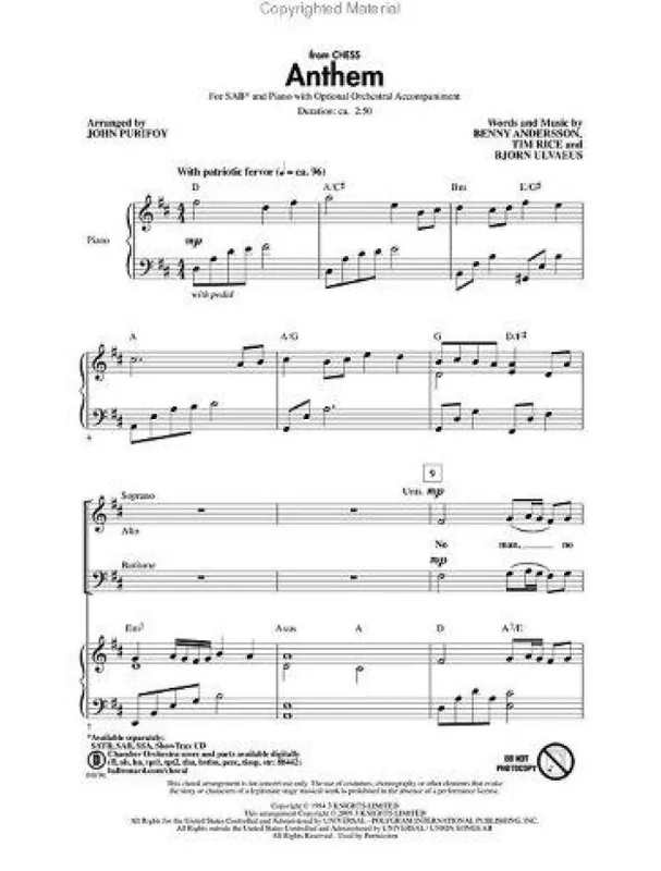 Finální Výprodej Josh Groban Anthem (Chess) - SAB (noty pro sborový zpěv, klavír) - SADA 5 ks