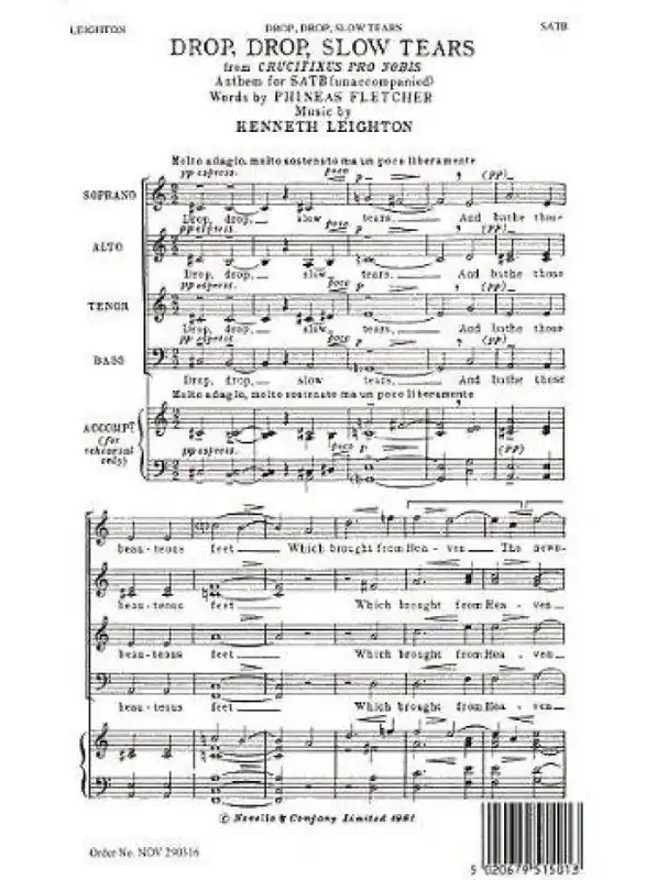 Cenová Bomba Kenneth Leighton Drop, Drop, Slow Tears (noty na sborový zpěv SATB) - SADA 5 ks