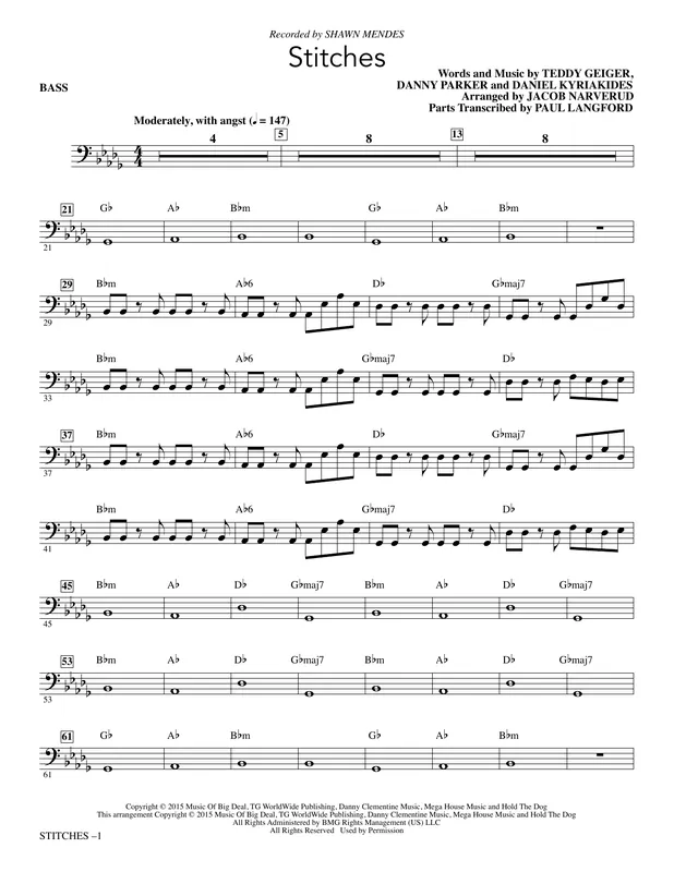 Hit Sezóny Stitches (arr. Jacob Narverud) - Bass