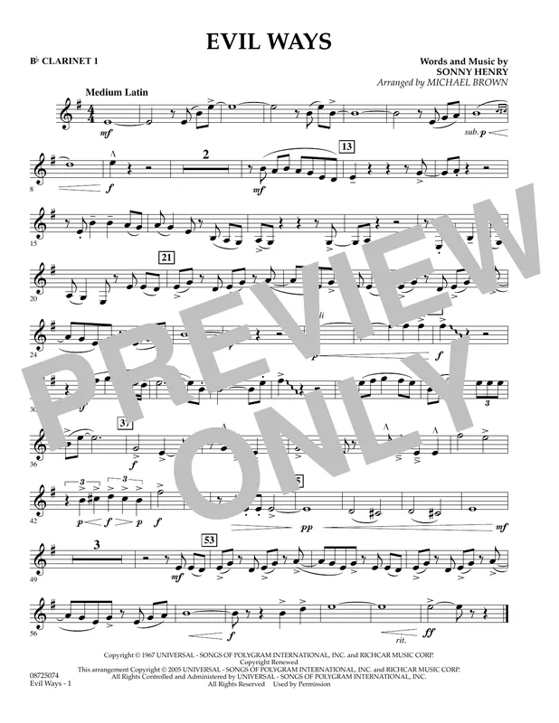 Evil Ways - Bb Clarinet 1 Levný