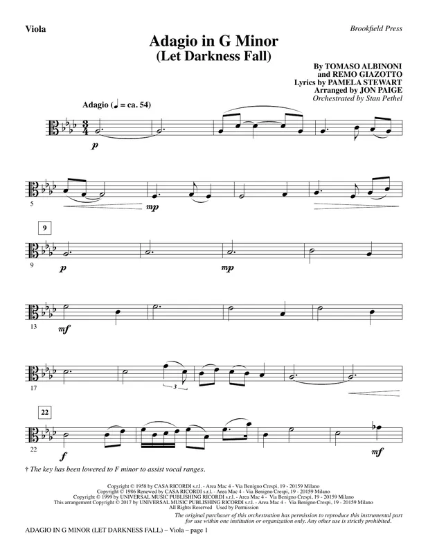 Ihned K Objednání Adagio In G Minor (Let Darkness Fall) - Viola